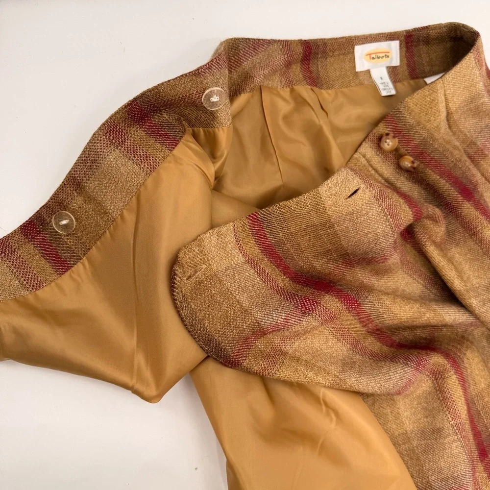Talbots Wrap Skirt Womens 8 Tan Burgundy Tartan Plaid Wool Fringed Long VTG READ